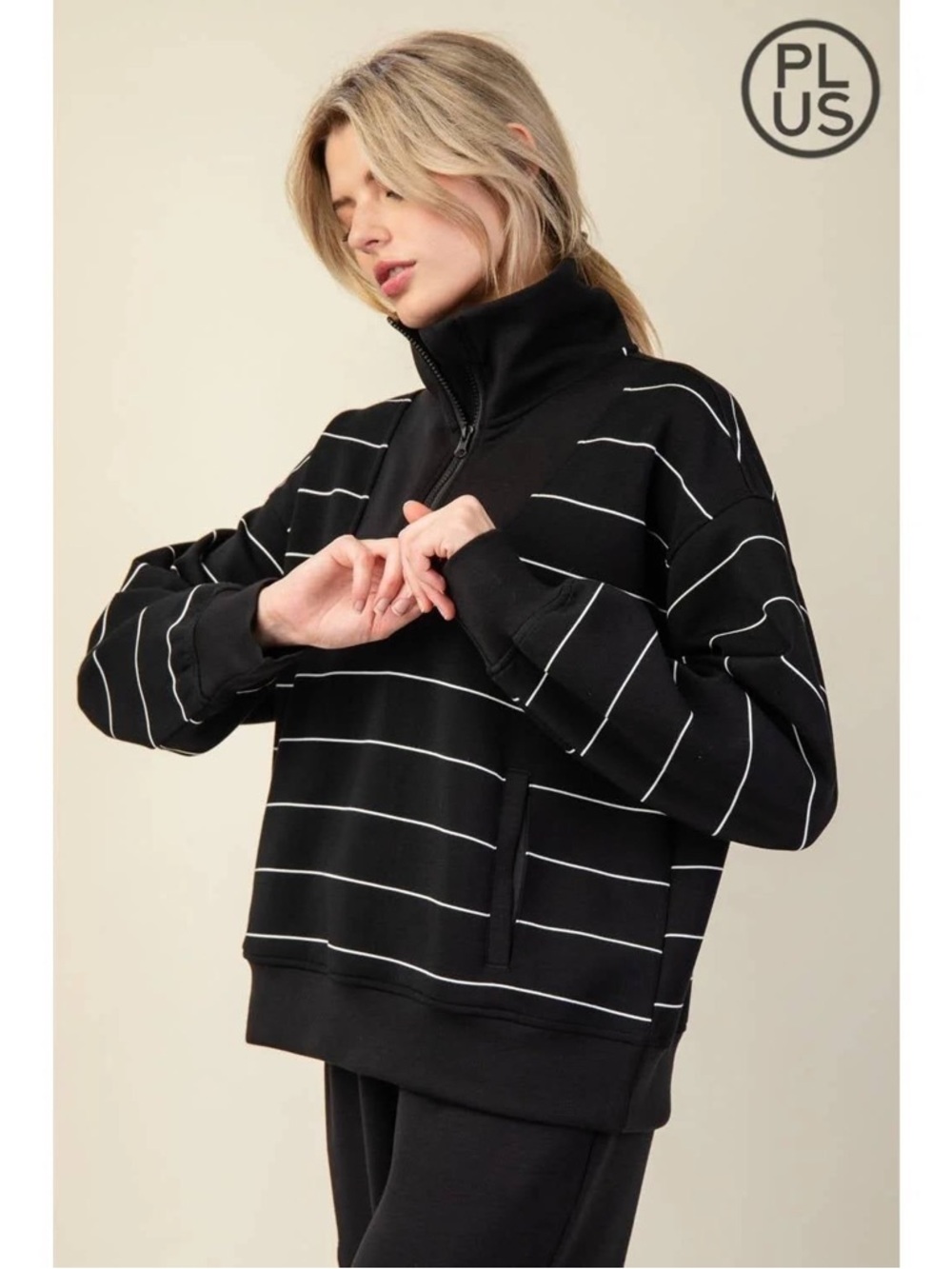 Rae Mode Butter Soft Black and White Stripe Half Zip Pullover
